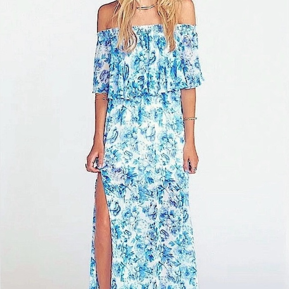 Show me your Mumu Floral Off-Shoulder Blue Dress Size Medium